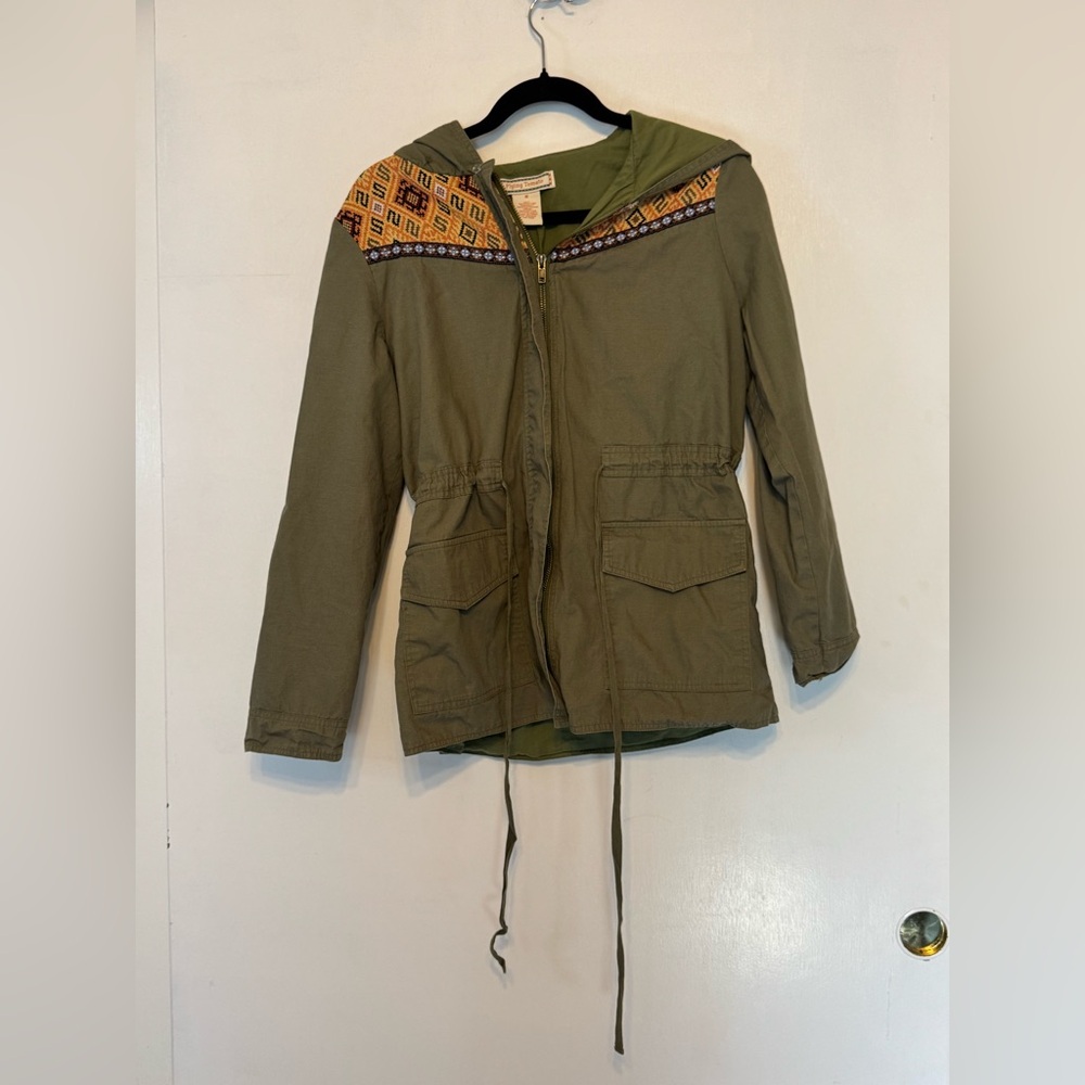 Flying Tomato Olive Jacket with Patterned Trim